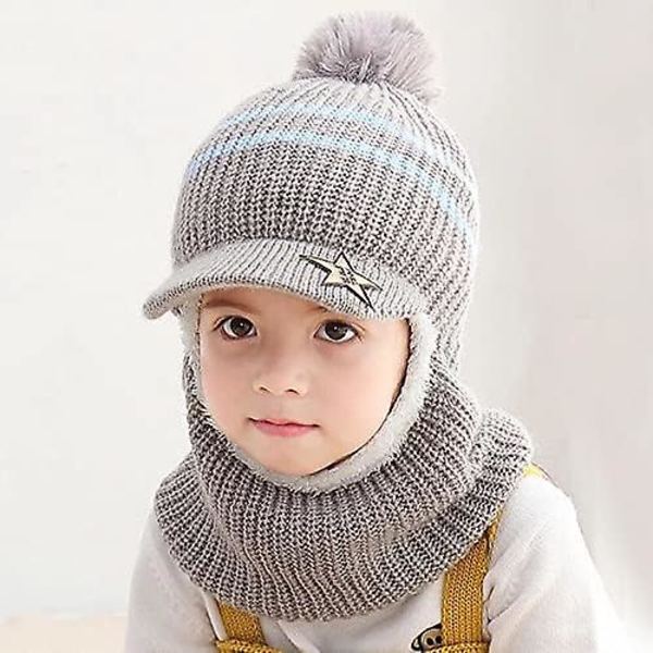 Sztxj Vinter Varma Barn Stickade Fleece Mössa Hatt Med Visir Huva Öronlapp Mössor För Flickor Pojkar Ull Mohair Flerfärgad, Grå
