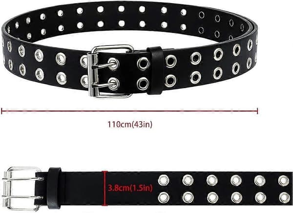 2-pack dubbelbälte med öljetter, PU-läder punkbälte med 2 hål för jeans för kvinnor och män, multi, medium