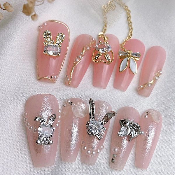 10 st 3d kanin nagel charms strass diamanter glitter roterbar nagelkonst kanin metall charms design för nagelkonst dekoration diy hantverk tillbehör style3