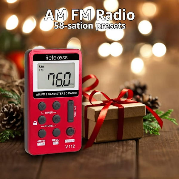 V112 Liten Mini Radio, Lommeradio med Hodetelefoner, FM AM, Batteri, Sleep Timer, for Jogging, for Seniorer
