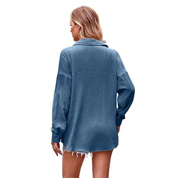 Dam Casual Långärmad Skjortor, Lös Passform Krage Skjorta Toppar Blue 2XL