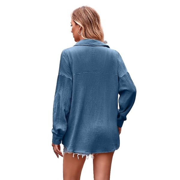 Kvinner Casual Langærmet Skjorte, Løstsittende Skjorte Topper med Krage Blue M