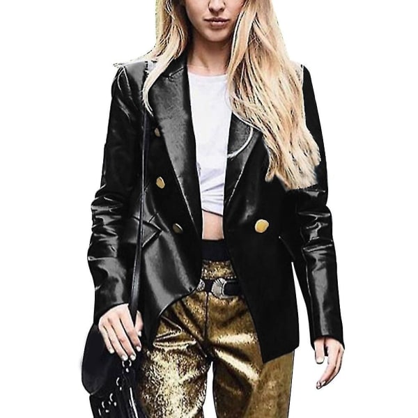 Kvinnor PU Läder Blazer Jackor Långärmad Knapp Dekoration Jackor Ny 2XL B