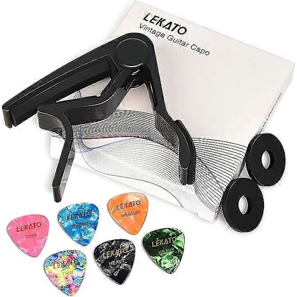 Gitarr Capo med 6 Gitarrplektrum, Ukulele Capo Akustisk Elektrisk Gitarr Clip Snabbt Byte Capo Clamp för Akustiska Elektriska Gitarrer black