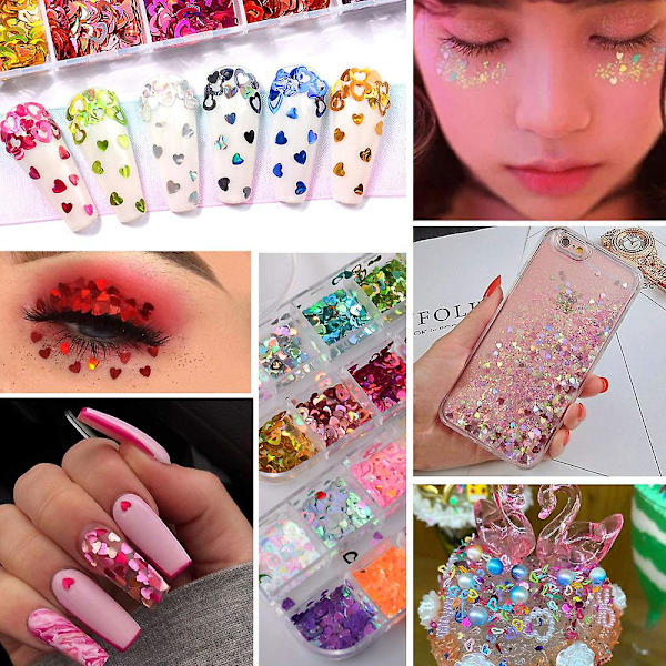 Nail Art Hollow Flash Sequin 12-färgad Holografisk Flash Blandad Hjärtformad Alla hjärtans dag nageldekoration Set4