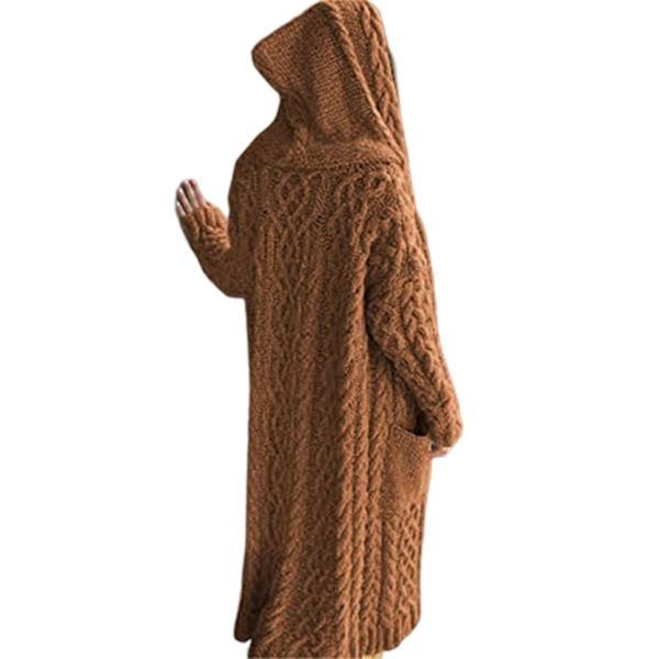 Avslappnad stickad lång ytterkläder med huva och sidoficka Dam höst vinter kappa 3XL Khaki