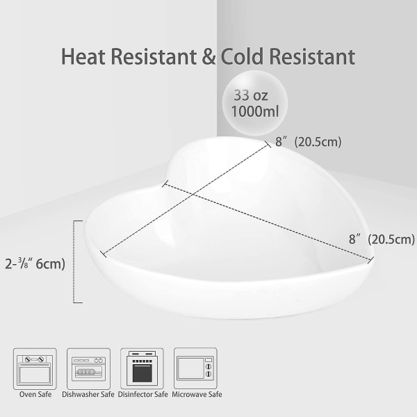 2st Porslin Stora Hjärtformade Skålar Vita Deep Heart Tallrikar Salladsskål/fruktskål För desserter/pasta/middag, 8"