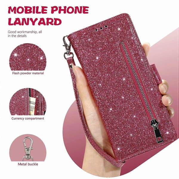 För iPhone 17 Air Stativfodral Glitter Telefon Läderfodral Dragkedjeficka - Ros Rose Multicolor