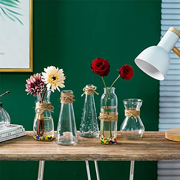 Pakke med 5 klare glasvaser, blomstervaser i glas med rebdesign i forskellige unikke former, blomstervase som midtpunkt til bryllupsreception og brudefest 1 Set Stil B