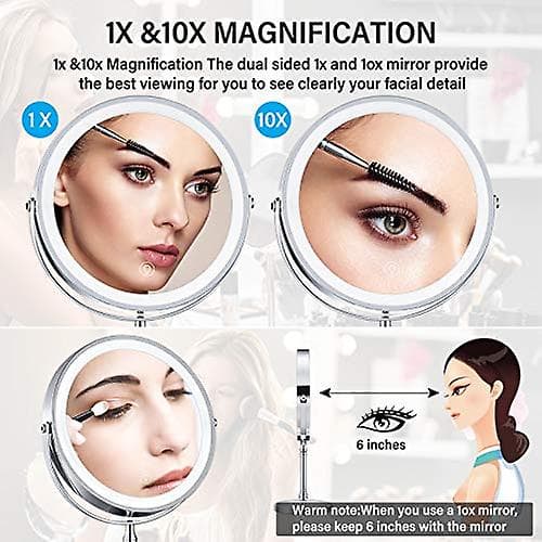 Amztolife 8 Lighted Makeup Mirror  10x Makeup Mirror With Lights  Double Sided Dimmable Magnifying Mirror With Light  Rechargeable And Brightness Adju Chrome