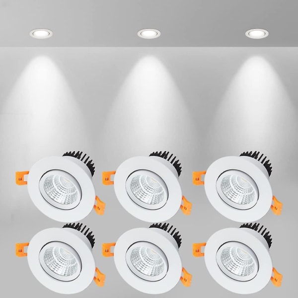 6 X LED infällda spotlights, 5w Cob, kall vit 6000k, ip44 (vit) (öppning: 75 mm)