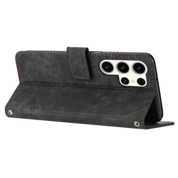 Til Samsung Galaxy S25 Ultra Etui Prægede Linjer Læder Telefon Cover Foldbart Stativ - Brun Black