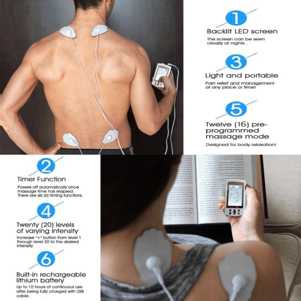 16 lägen Dual Output Hälsovård Kroppsmassage Elektrisk EMS Muskelstimulator TENS Unit Elektronisk Puls Fysioterapi Massageapparat Vit