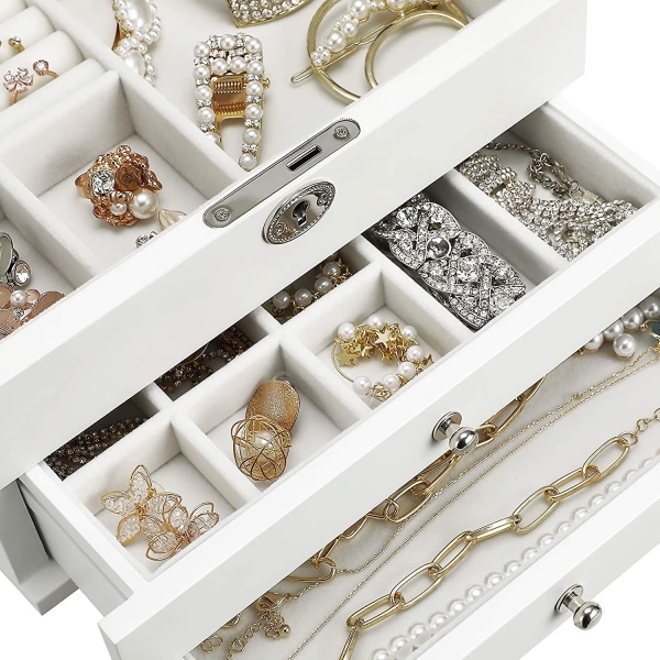 3-vånings smyckeskrin, smyckeskåp i trä, smyckeförvaring med lådor, sammetsfoder, konstträ, för ringar, örhängen, armband, hals