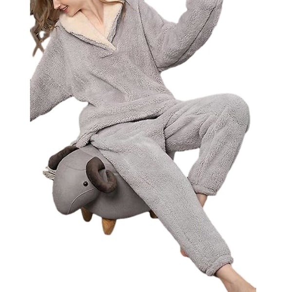 Kvinnors Fleece Pyjamas Set, Fluffy Sovkläder Varma Sherpa Pullover Byxor Grey M