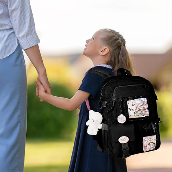 Kawaii rygsæk, Kawaii rygsæk med Kawaii nåle og tilbehør, Kawaii rygsæk til piger studerende, sød æstetisk rejserygsæk sort