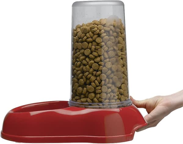 Vand- eller foderdispenser til katte og hunde, tørfoder/vand 0,6 liter, robust plastik 12,5 x 19 x H 19,5 cm rød