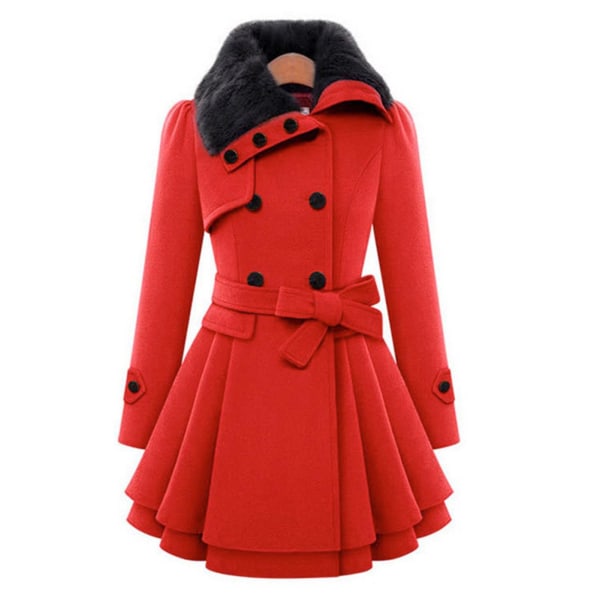 Dam dubbelknäppt vinterjacka vintage mode trenchcoat enfärgad 4XL Red