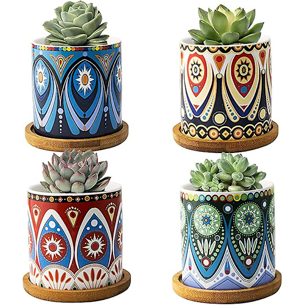 Fairylavie Succulentkrukor, 3' Färgglada Succulentkrukor Med Dränering Och Brickor, Perfekt För Heminredning Och Idealisk Present, Set Om 4 A