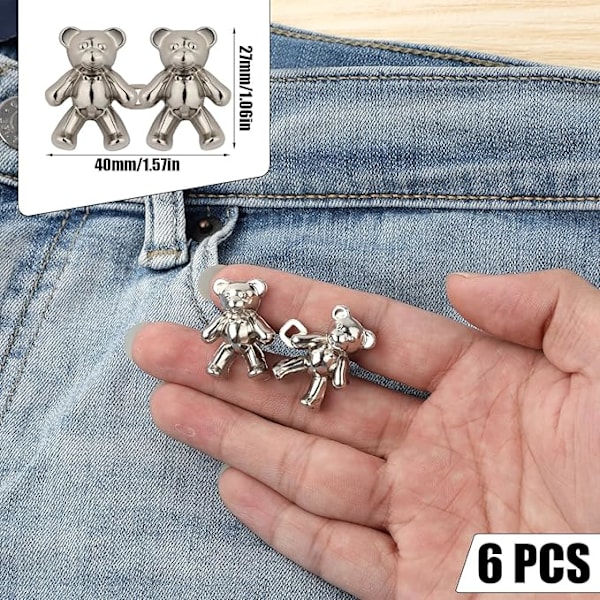 6 Par Jeansnålar för Lösa Jeans, Löstagbar Byxmidjestram Justerbar Midjespänneförlängare för Jeans Midja (Silver)