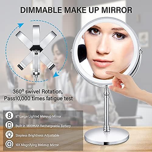 Amztolife 8 Lighted Makeup Mirror  10x Makeup Mirror With Lights  Double Sided Dimmable Magnifying Mirror With Light  Rechargeable And Brightness Adju Chrome