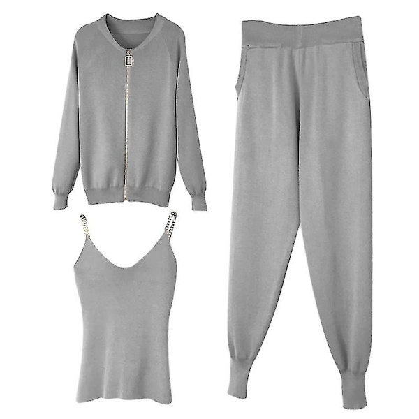 2021 vår outfit dammode tredelad kostym väst stickad kappa elastisk L Gray