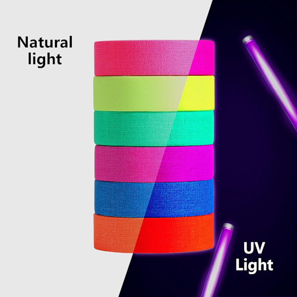 6 selvlysende kunsttape, 15 mm x 5 m fluorescerende farvet tape, lysende farverige taper, dekorativ tape