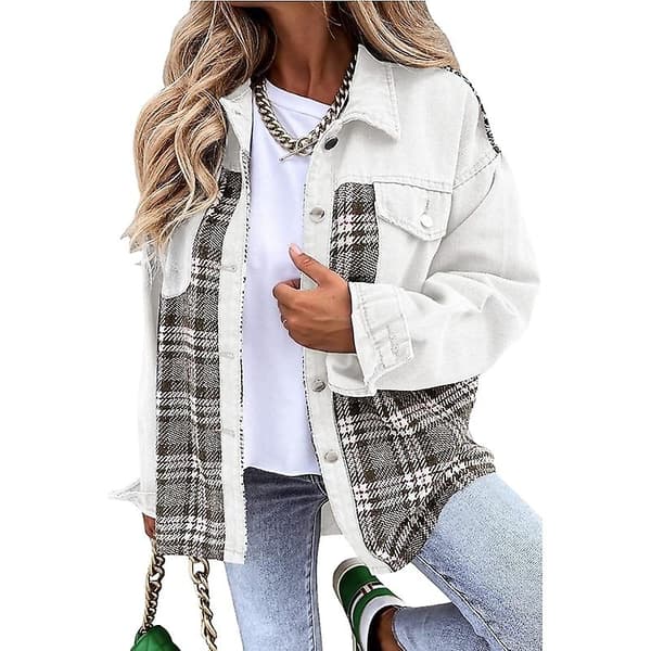 Dame Denimjakker med Knapper, Langærmede Afslappede Skjorter White XL