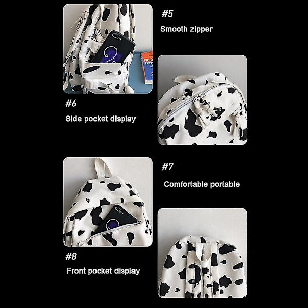 Ko-print Rygsæk i Koreansk Stil, Bærbar Letvægts Rejsetaske til Gymnasie- og Universitetsstuderende Cow Pattern