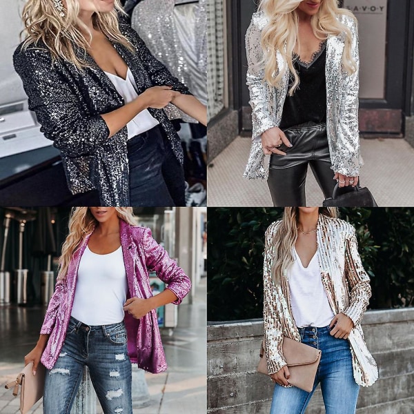 Kvinders Sequinjakke, Glitter Sparkle Casual Langærmet Blazer Frakke Black L
