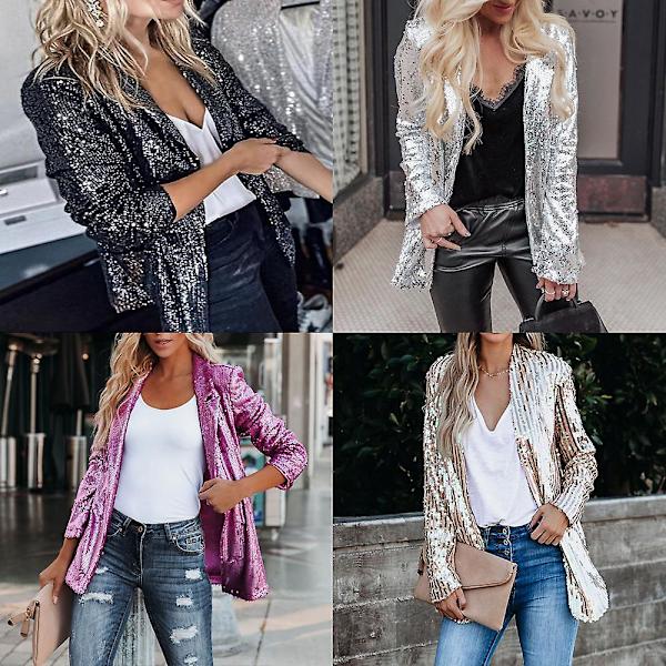 Kvinnors Sequinjacka, Glitter Sparkle Casual Långärmad Blazerrock Black M