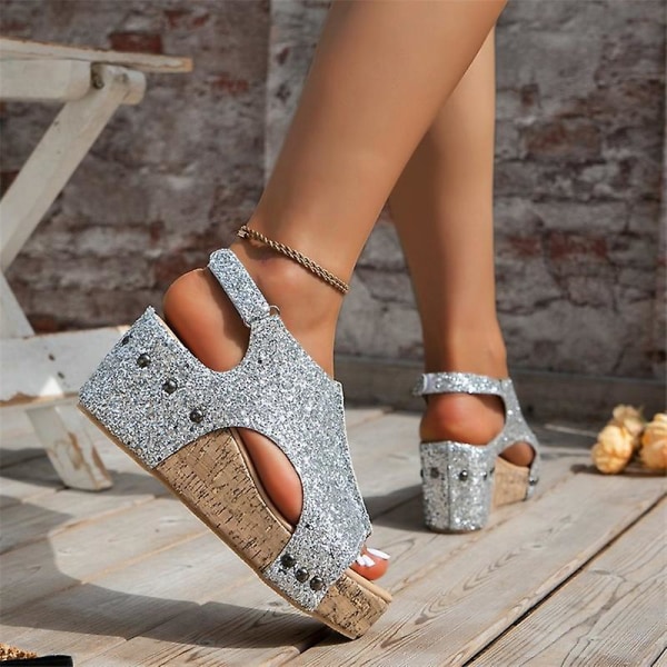 Sandaler Damer Tyk Sål Retro Sandaler Damer Sequin Nitter Velcro Sandaler Silver EU 38