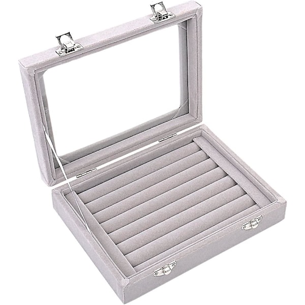 7 Rum Velvet Glas Ring Smykke Display Opbevaringsboks Bakke Etui Holder Ørering Organizer Stativ Grå