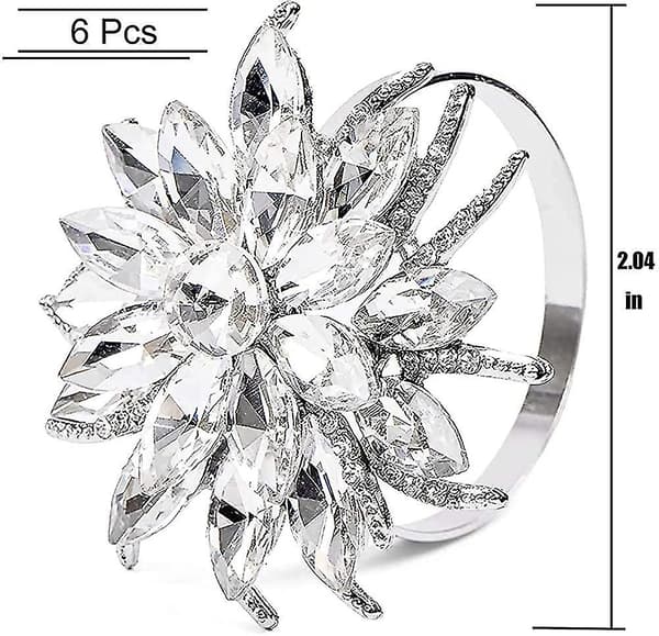 Serviettringer, sølv Serviettringer Sett med 6, Luksuriøs Rhinestone Krystallblomst