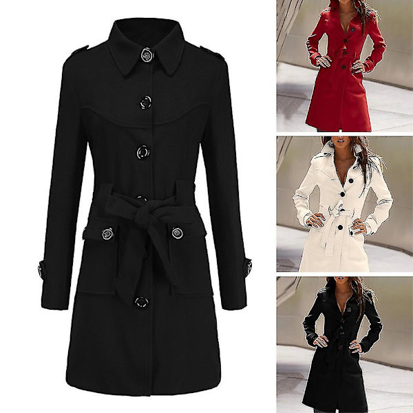 Dam vinter trenchcoat enkelknäppt slips midja vintage mode filt rockar L Red