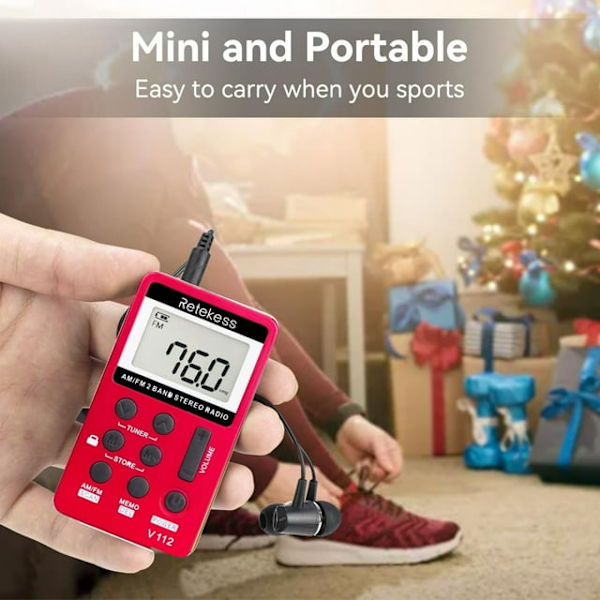 V112 Liten Mini Radio, Lommeradio med Hodetelefoner, FM AM, Batteri, Sleep Timer, for Jogging, for Seniorer
