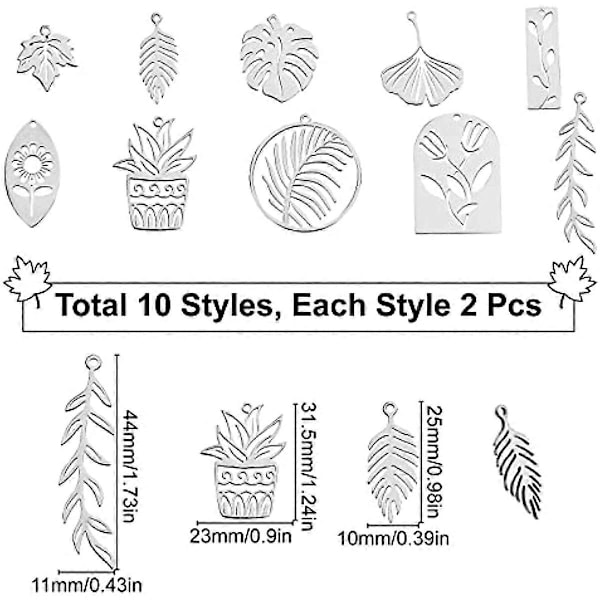 1 Æske 20 stk. 10 Stilarter Blad Charms Bulk Hul Sølv Ahorn Ginkgo Blade Charm Rustfrit Stål Rektangel Hesteøje Blomster Charms
