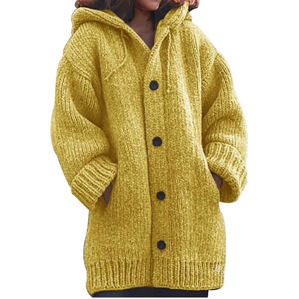 Hettegenser strikket genser dame høst vinter mellomlang ensfarget knappegenser 3XL Yellow