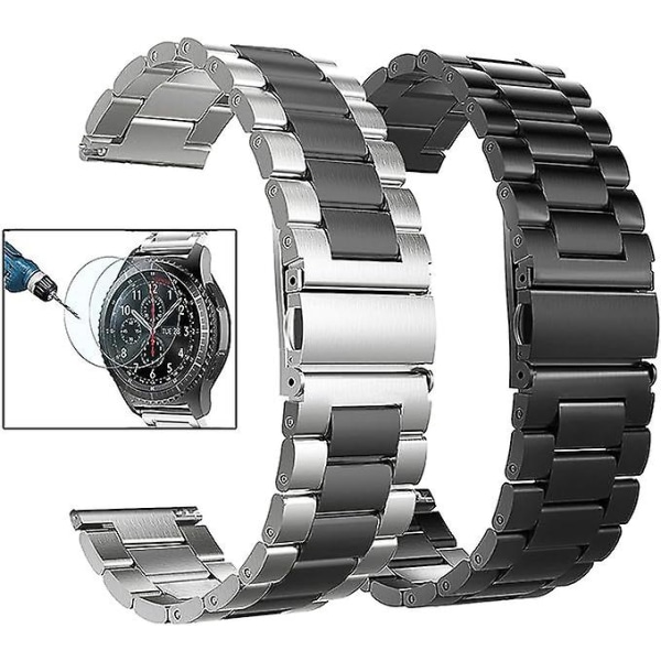 För Samsung Gear S2/gear Sport 20mm band, 2-pack solid metallrem i rostfritt stål, silver/svart+svart.