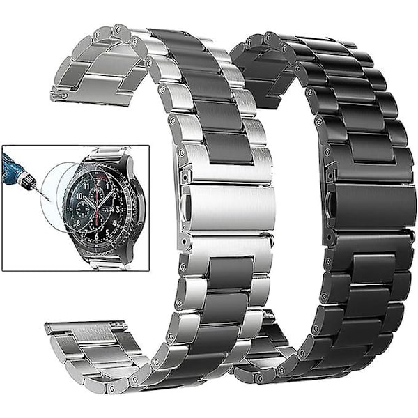 Til Samsung Gear S2/Gear Sport 20mm remme, 2 pak solid metalrem i rustfrit stål, sølv/sort+sort.