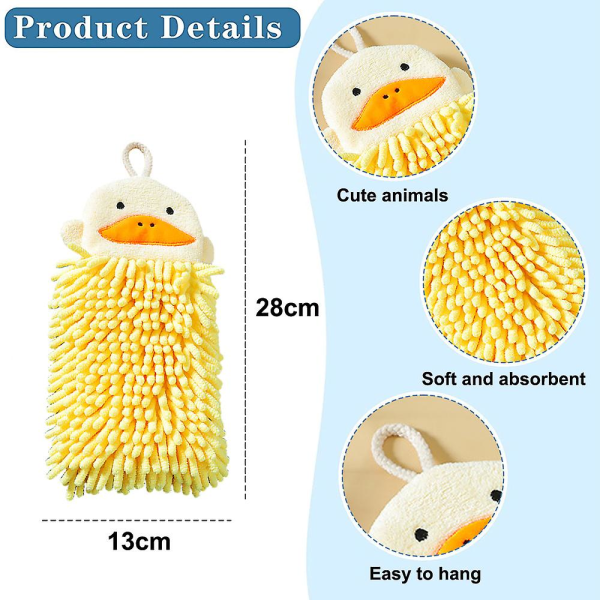 Dubbelsidig Chenille handduk med djurmotiv, handduk för badrum med ögla, hängande handduk för kök, mjuk och absorberande yellow