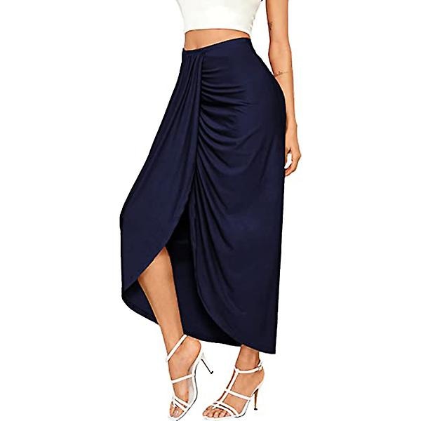 Kvinnors Casual Slit Wrap Asymmetrisk Elastisk Hög Midja Kjol Navy M