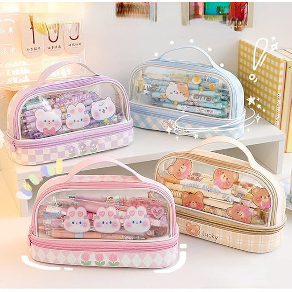 Penneetui med stor kapacitet Kawaii 2 rum pose penalhus japansk kanvas kontorartikler penholder æstetisk beige