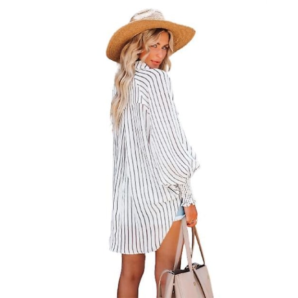 Dame V-hals Stribet Langærmet Knap Ned Bluser Top Black L