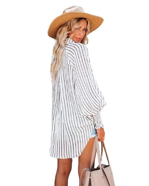 Dame V-hals Stripete Langermet Bluser med Knapper Black S
