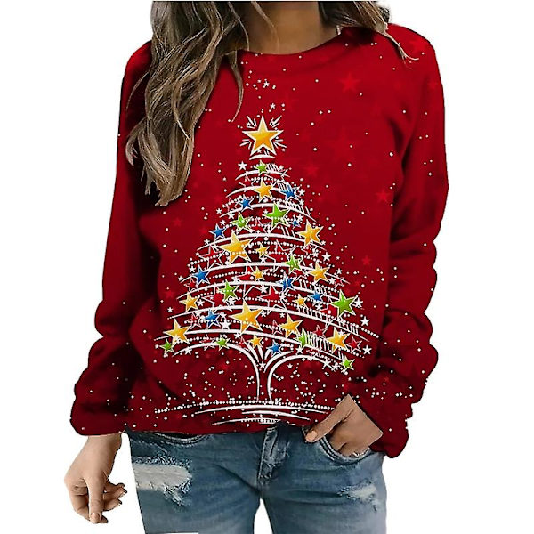 Kvinnors långärmade jultoppar, lösa bekväma O-hals pullovertoppar style 5 4XL