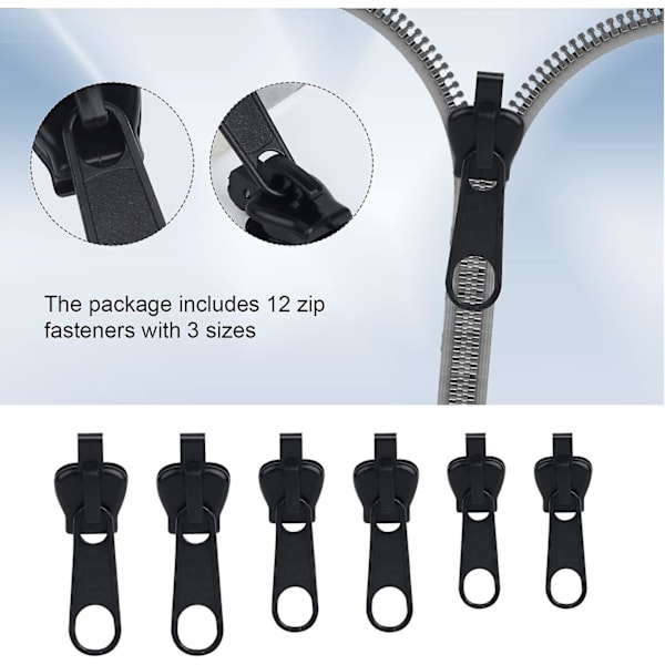 12 stk. Zip Puller, Zip Slider Reparasjonssett Øyeblikkelig Kit Avtakbar Glidelåshode Slider Erstatning Øyeblikkelig Glidelåserstatning Slider Puller for Jakke Kåpe Su