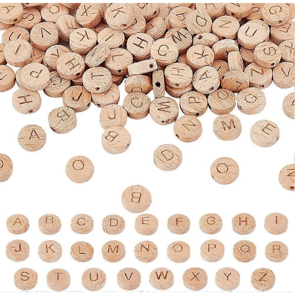 104 stk. 10 mm alfabet træperler runde flade alfabetperler naturlig bøgeflade træperler med 1,6 mm hul træ løse perler med initialbogstav fo