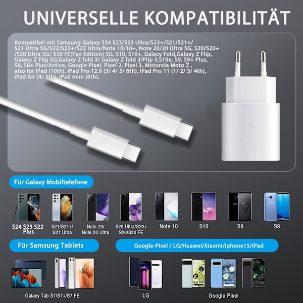 25 W Snabbladdare USB C, Strömförsörjningsladdare, Laddningskontakt USB C Snabbladdaradapter med 2 m Laddningskabel vit