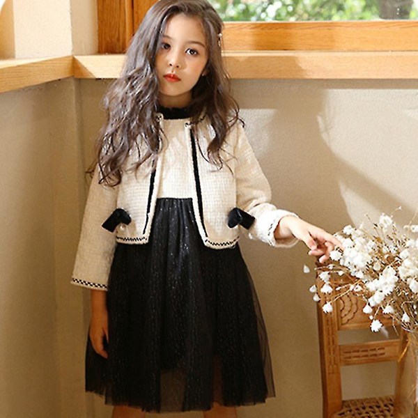 Kid Girl's Dress Suit 2-delad Elegant High Waist Gaze Dress Långärmad Kappa För 120 Black